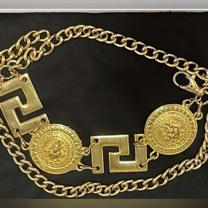 Vintage 1980's Gold Plated Lion Head Belt Greek Key Medallions Statement Chunky